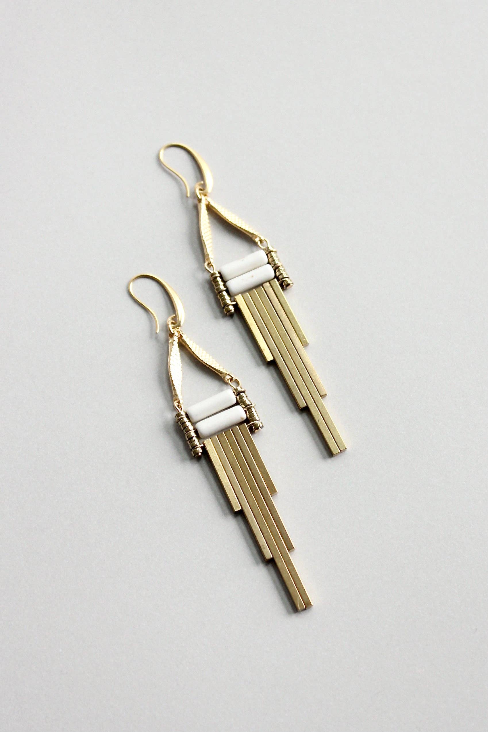 Modern white and brass earrings, photo 3 of 3