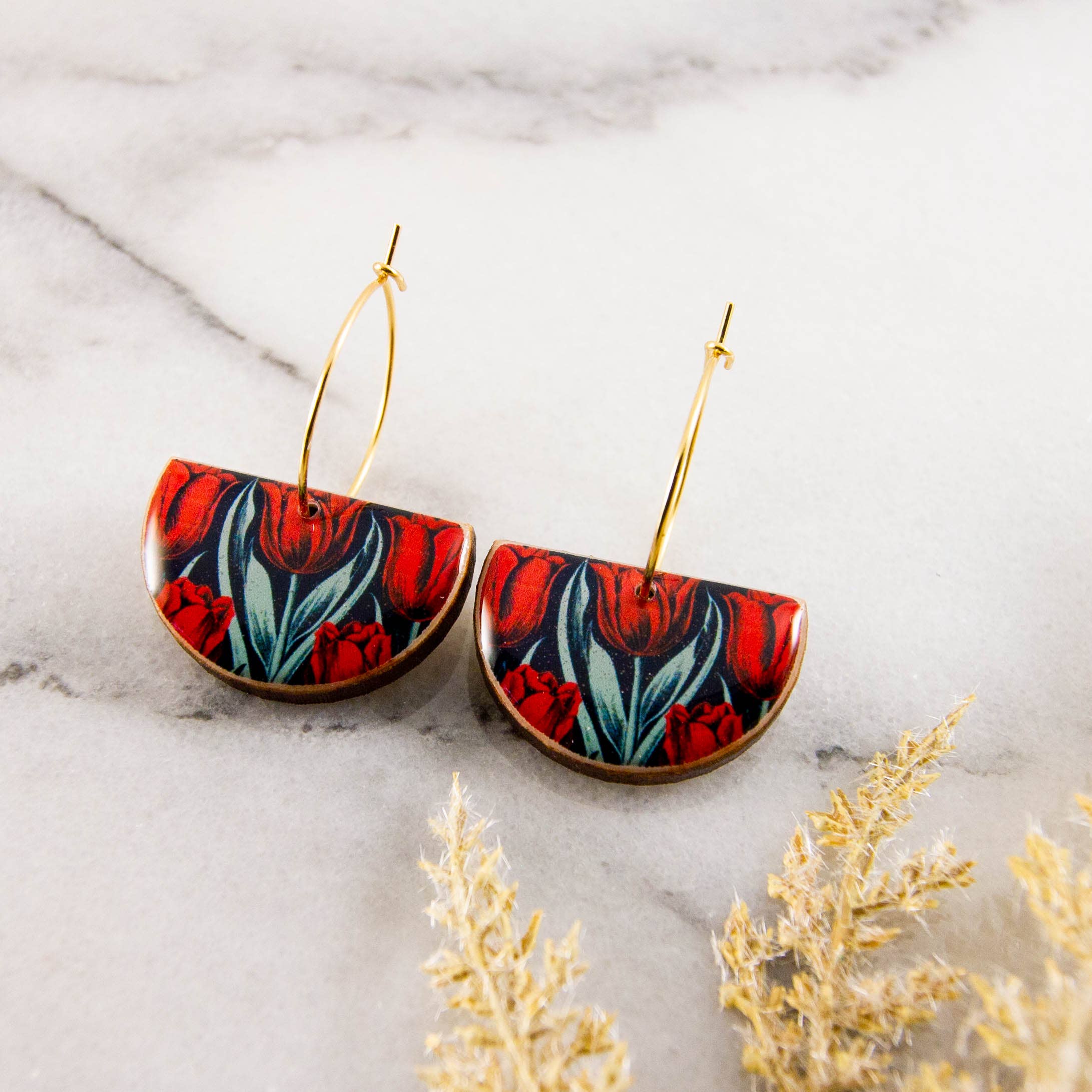 Vintage Red Tulip Drop Hoop Earrings, photo 2 of 2