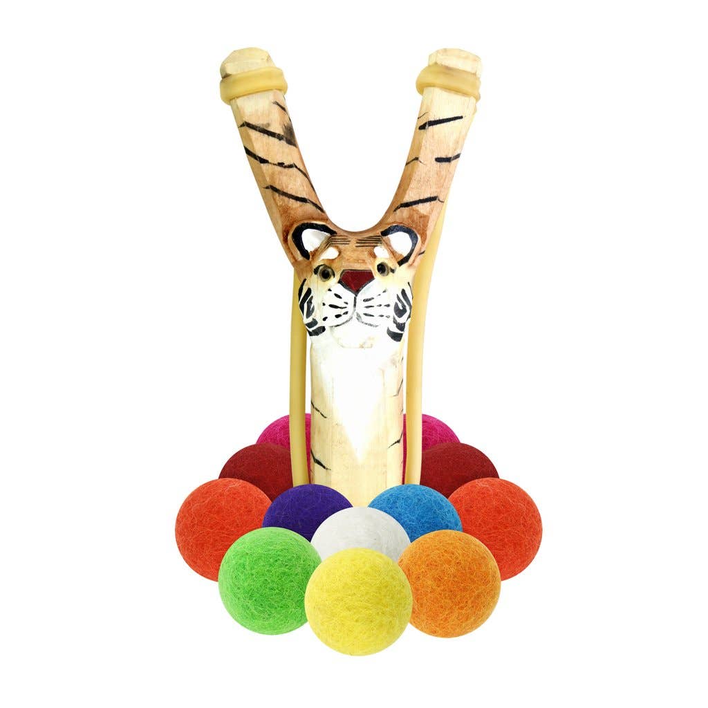 Wooden Tiger Slingshot + Felt Ammo