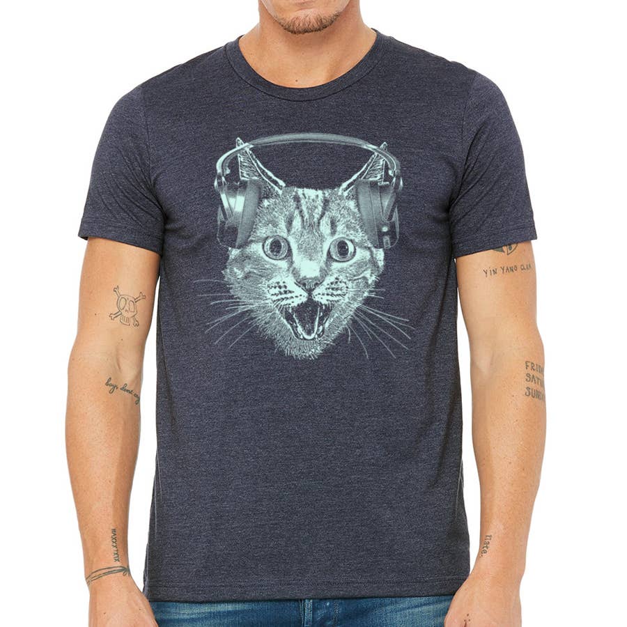 Cat Wearing Headphones Men's Tshirt- Cat DJ Shirt For Men an, photo 7 of 8