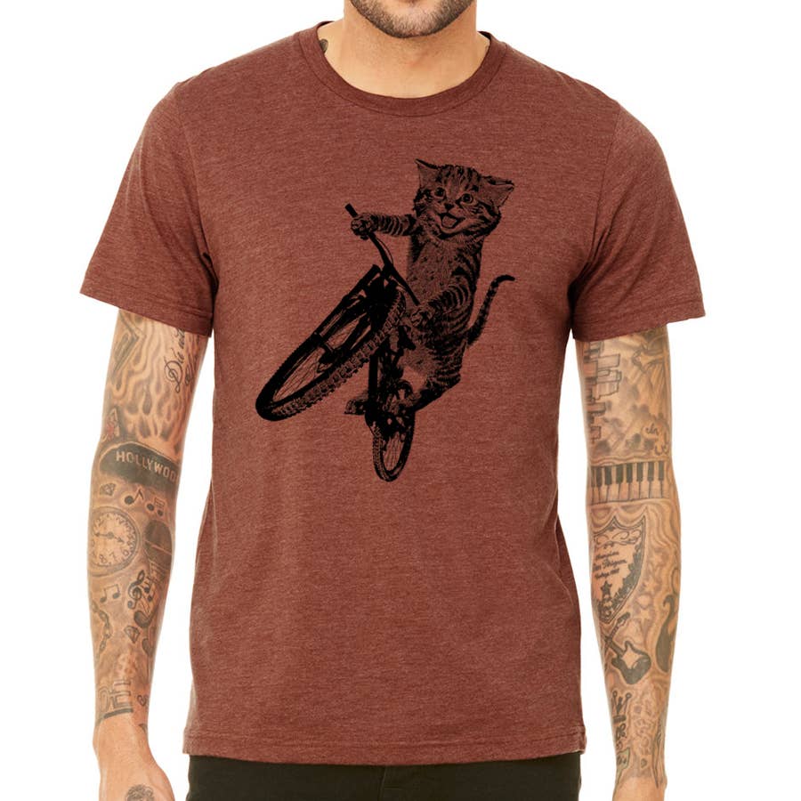 Cat Riding a Bicycle men's Tshirt- Kitten Wheelie Tee shirt-, photo 5 of 8