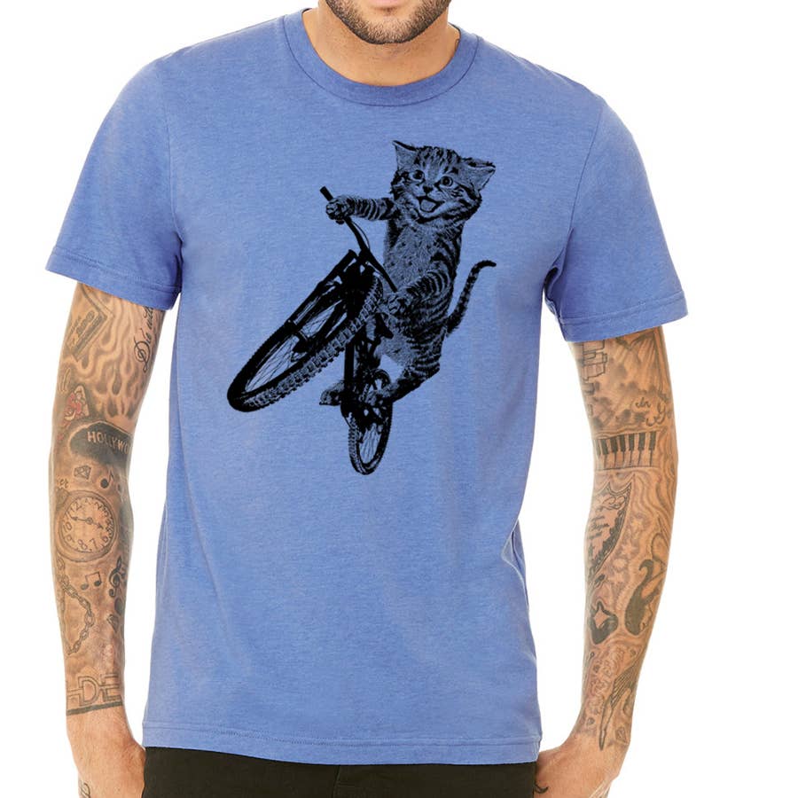 Cat Riding a Bicycle men's Tshirt- Kitten Wheelie Tee shirt-, photo 7 of 8