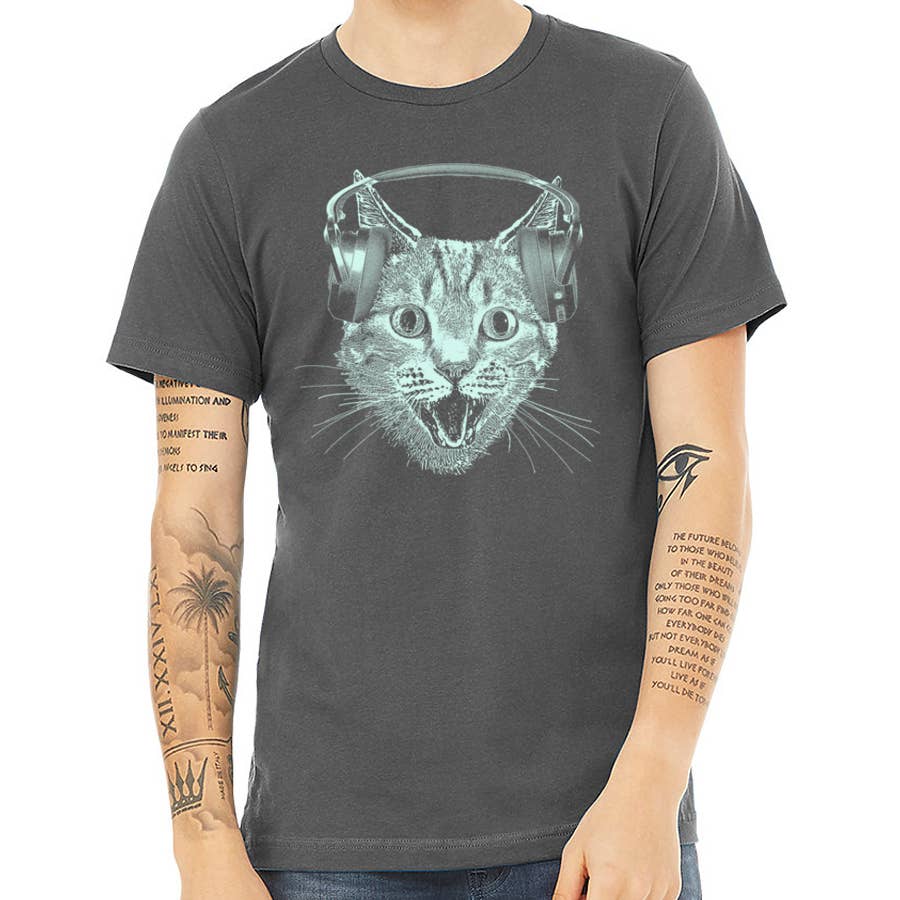 Cat Wearing Headphones Men's Tshirt- Cat DJ Shirt For Men an, photo 5 of 8