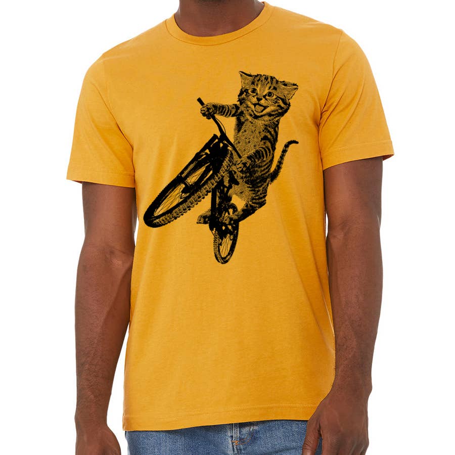 Cat Riding a Bicycle men's Tshirt- Kitten Wheelie Tee shirt-, photo 2 of 8