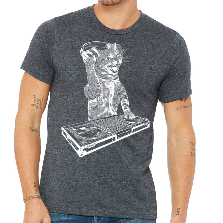 Cat DJ Tshirt, Men's Kitten Disc Jockey Design, Dance Party, photo 7 of 8