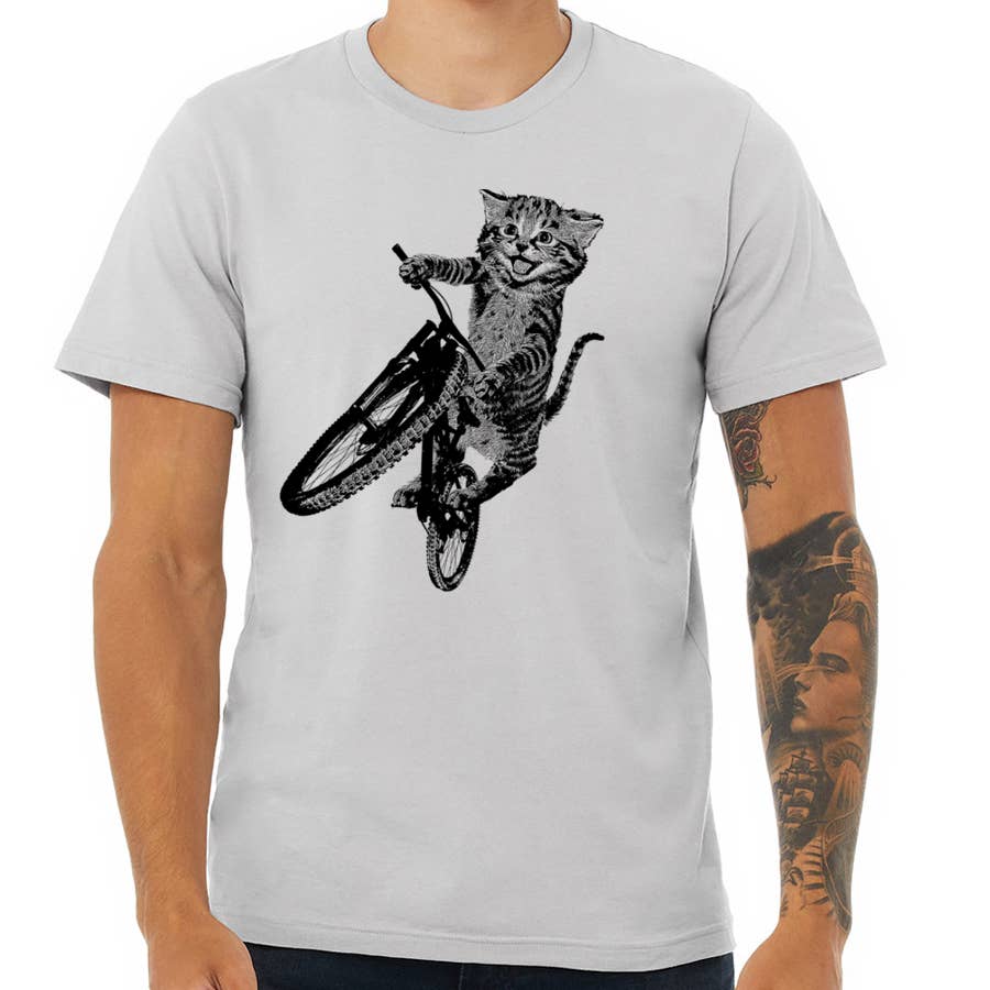 Cat Riding a Bicycle men's Tshirt- Kitten Wheelie Tee shirt-, photo 8 of 8