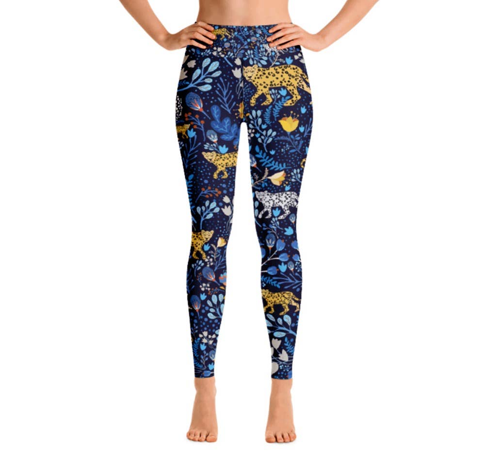 High Waist Yoga Leggings In Blue Leopards, photo 5 of 8