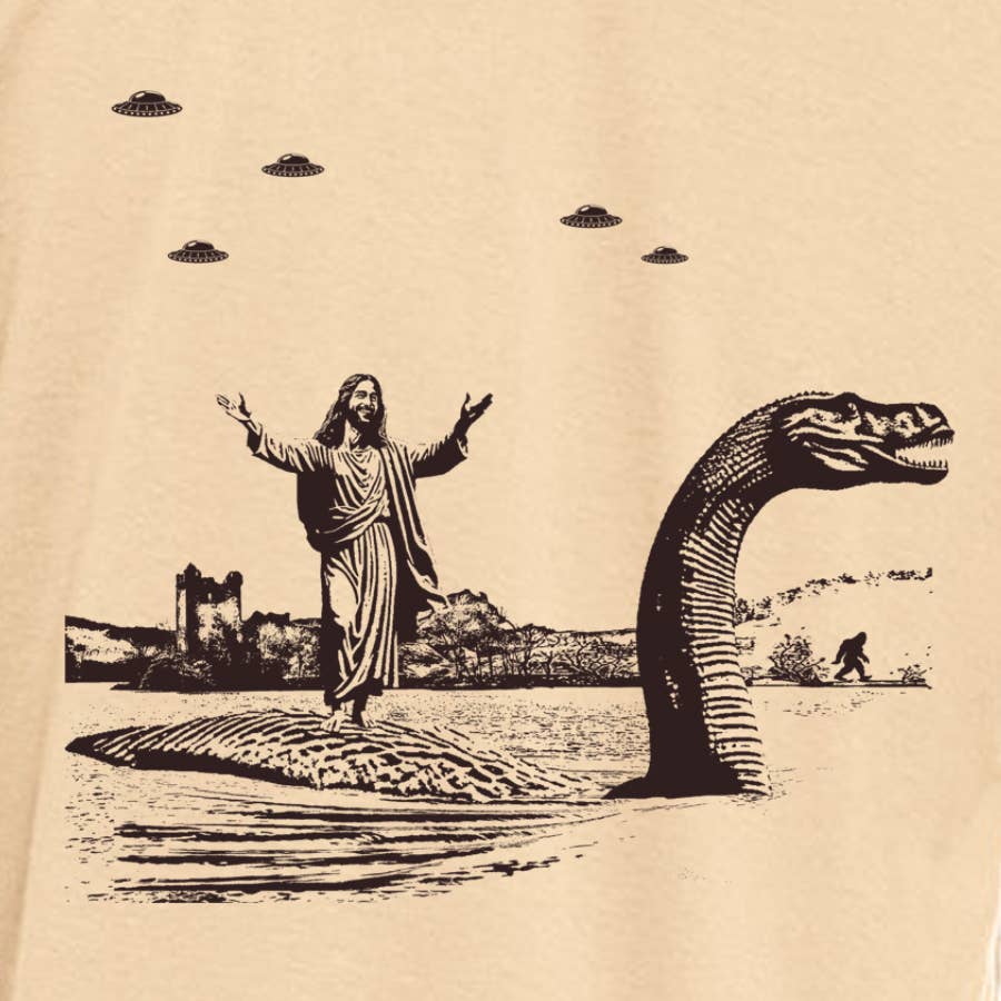 Jesus Christ Riding The Loch Ness Monster Men's Tshirt | Guy, photo 1 of 8