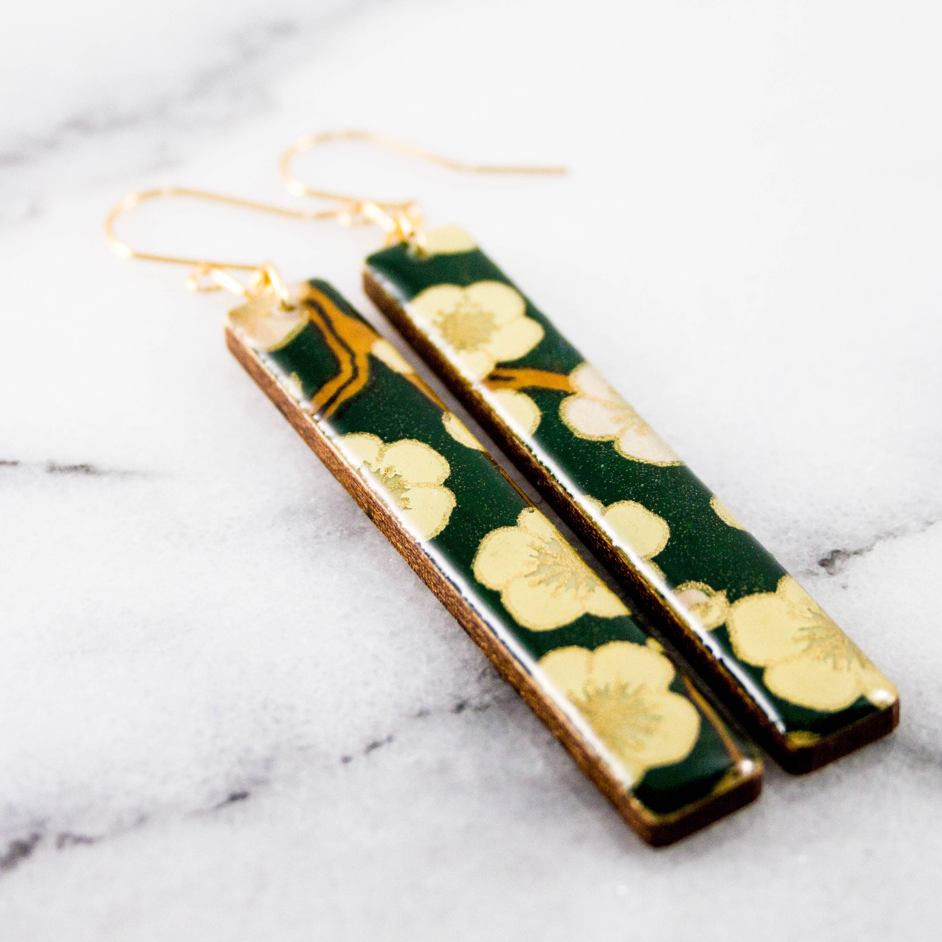 Dark Green Cherry Blossom Bar Earrings