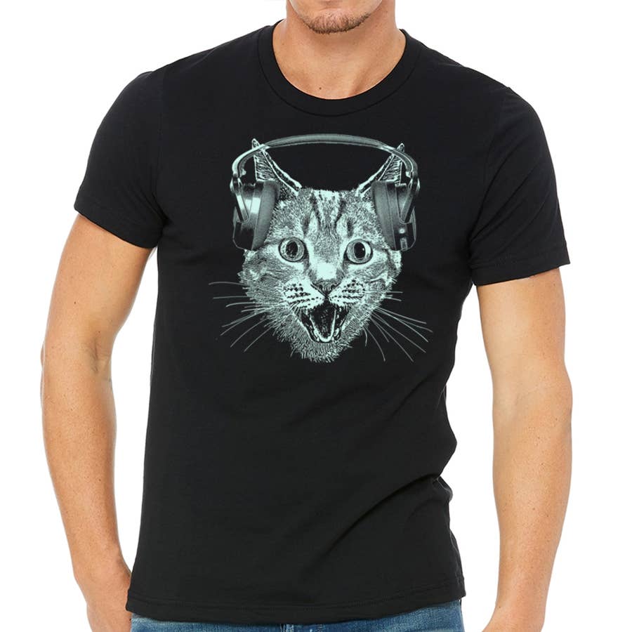 Cat Wearing Headphones Men's Tshirt- Cat DJ Shirt For Men an, photo 4 of 8