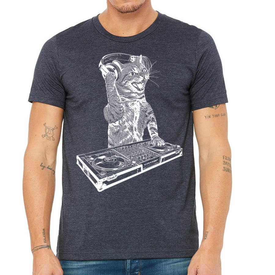 Cat DJ Tshirt, Men's Kitten Disc Jockey Design, Dance Party, photo 6 of 8