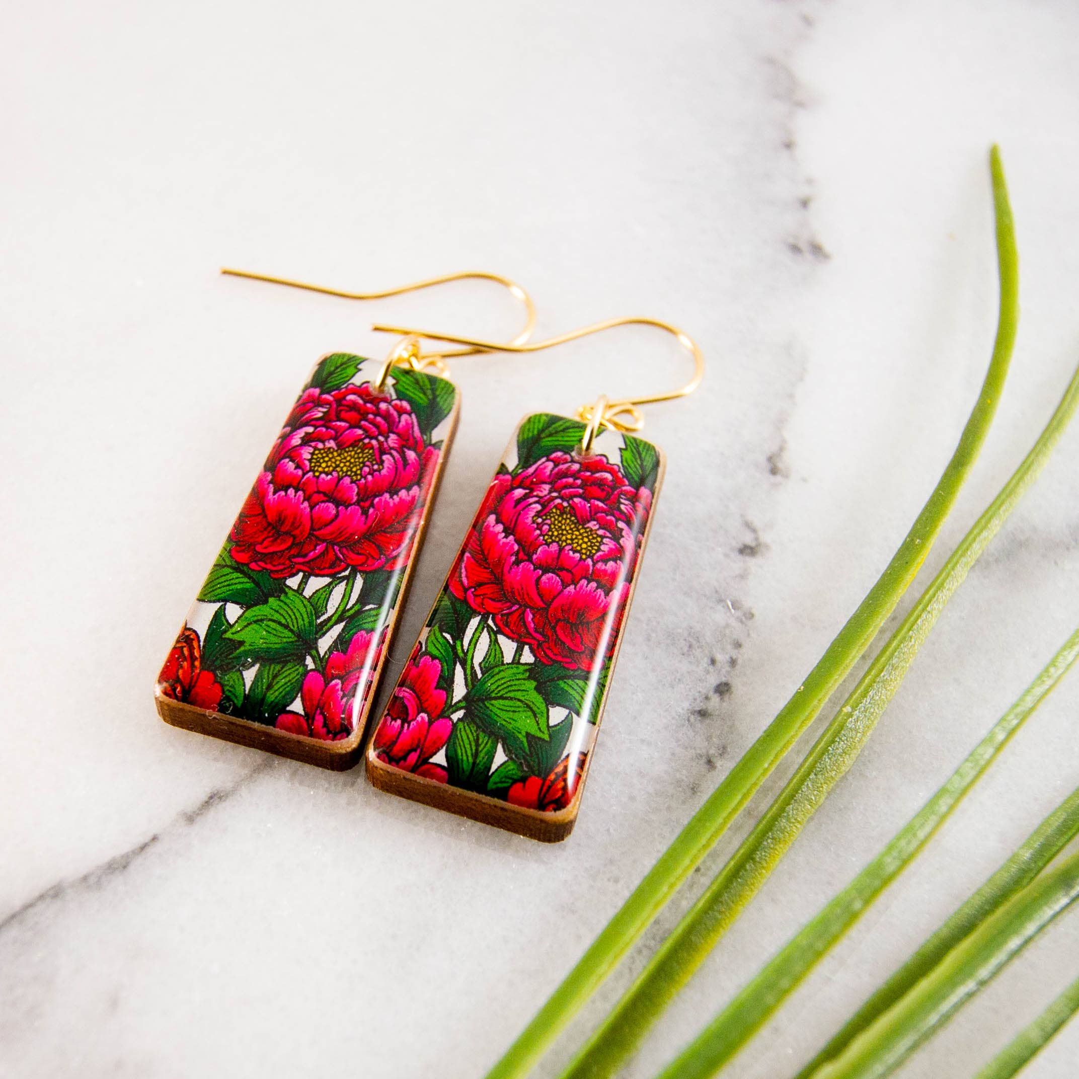 Japanese Bright Pink Peony Flower Tapered Rectangle Earrings, photo 2 of 2
