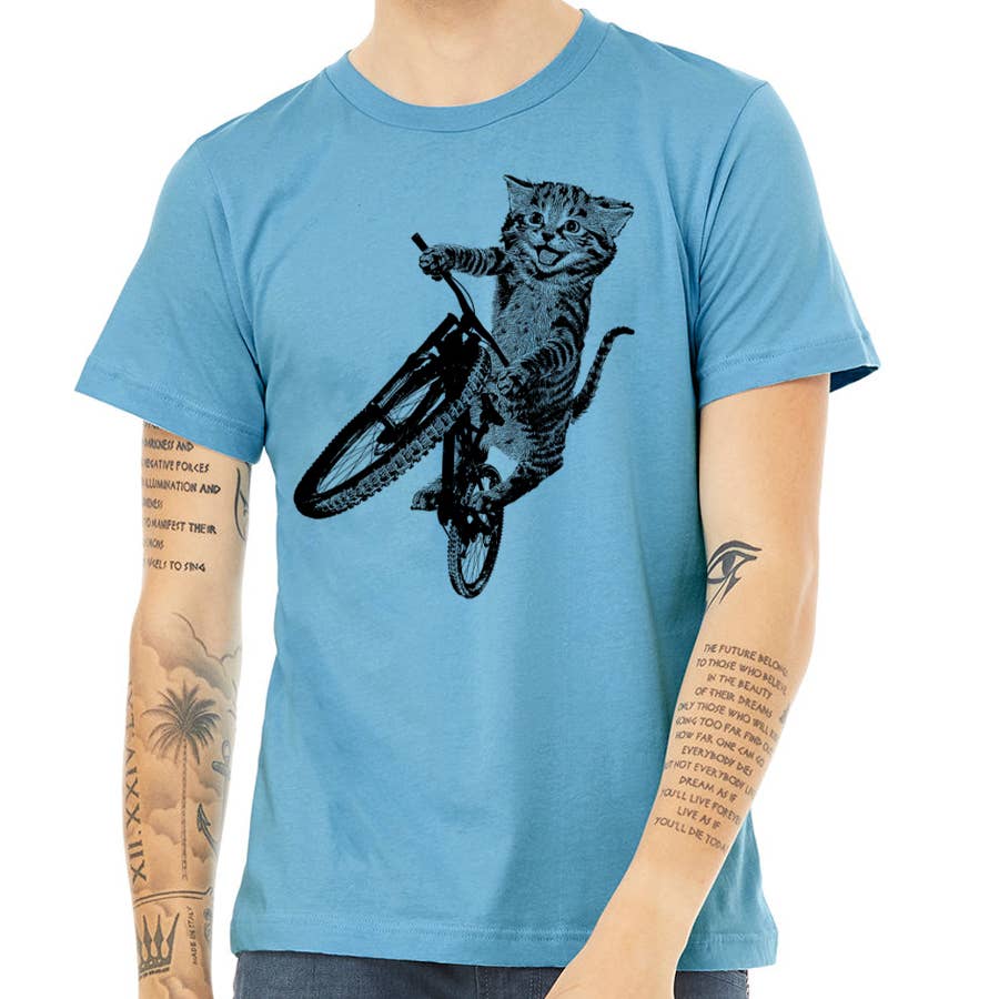 Cat Riding a Bicycle men's Tshirt- Kitten Wheelie Tee shirt-, photo 4 of 8