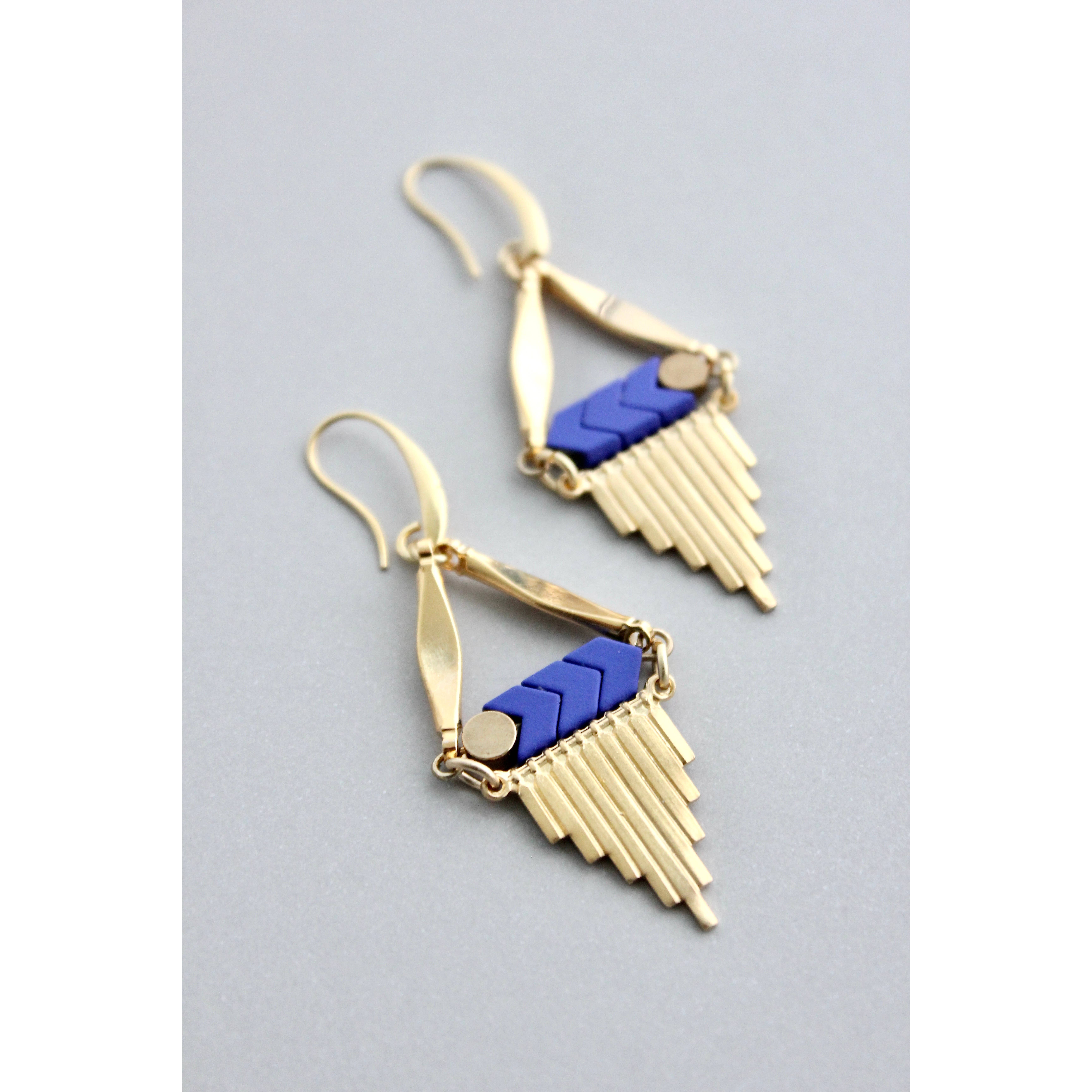 blue and 18k plated brass earrings, photo 1 of 3