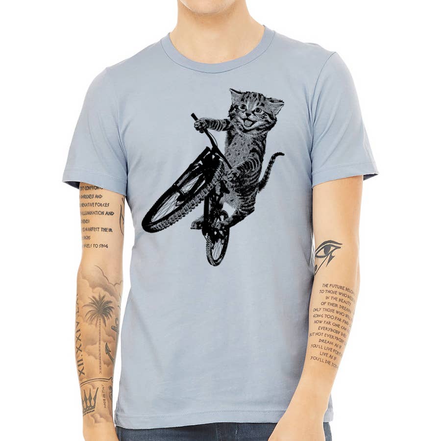 Cat Riding a Bicycle men's Tshirt- Kitten Wheelie Tee shirt-, photo 6 of 8
