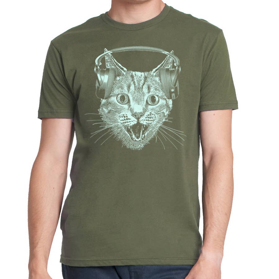 Cat Wearing Headphones Men's Tshirt- Cat DJ Shirt For Men an, photo 2 of 8