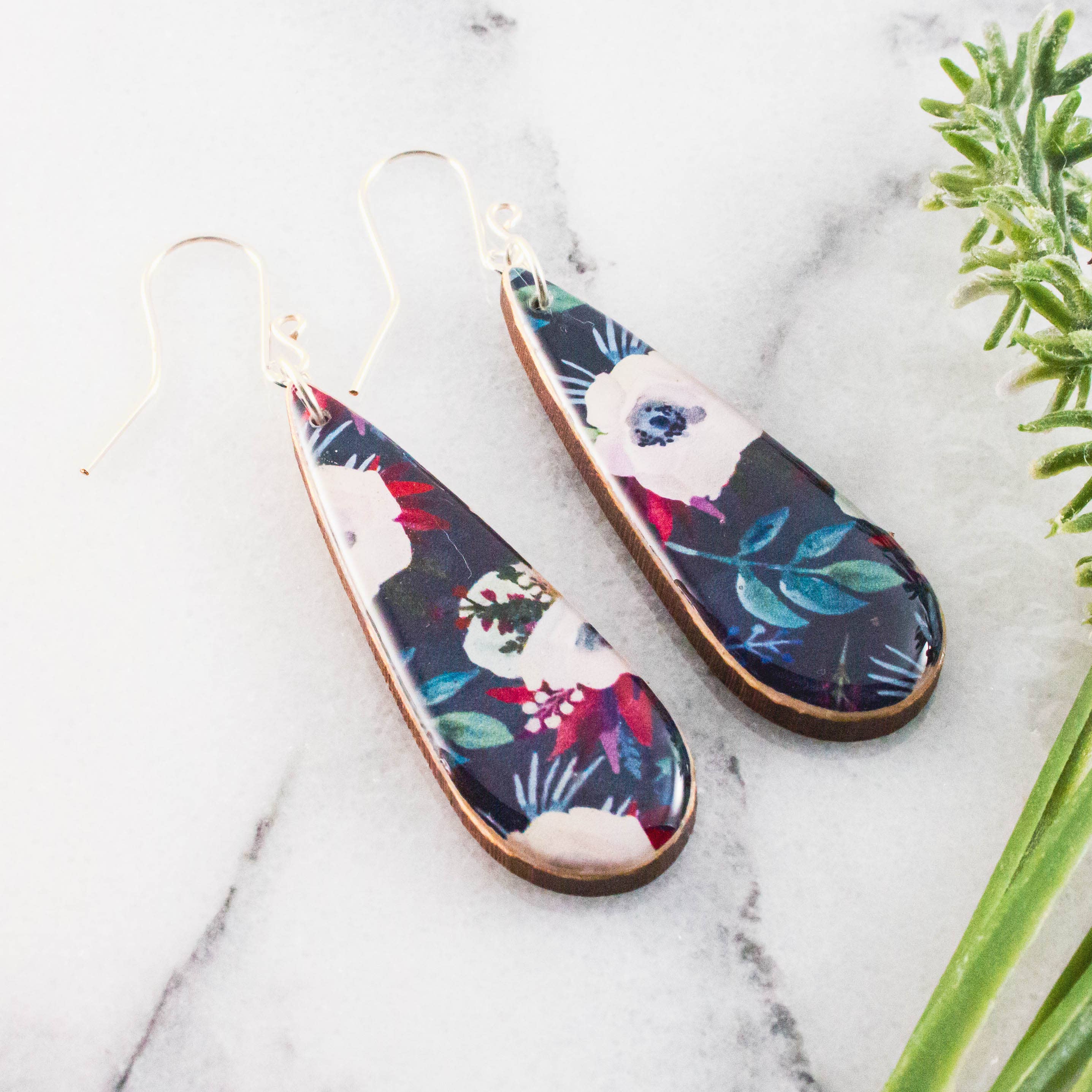 Teardrop Navy Gardenia Floral Earrings