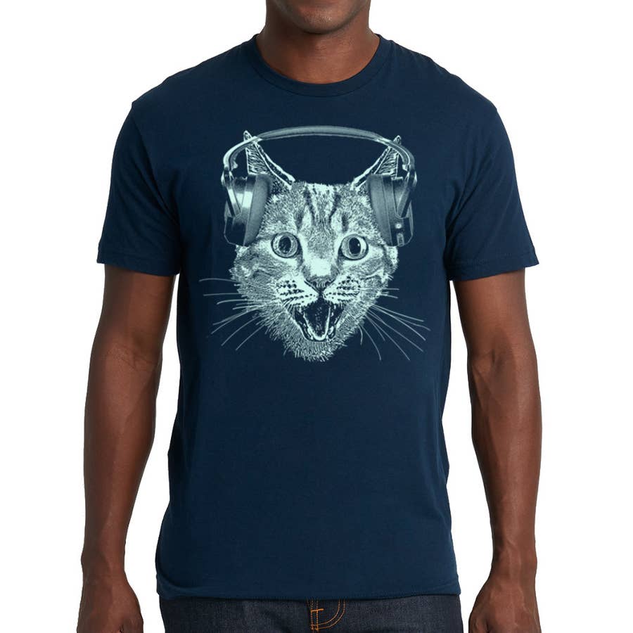 Cat Wearing Headphones Men's Tshirt- Cat DJ Shirt For Men an, photo 3 of 8