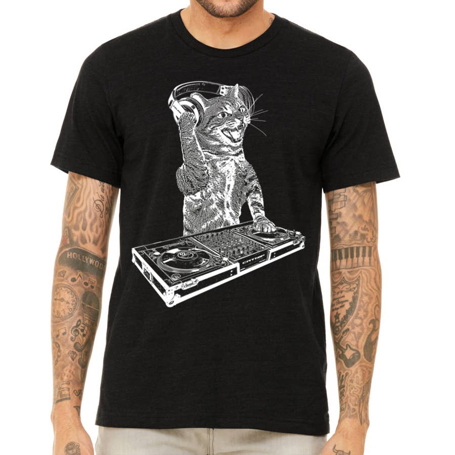 Cat DJ Tshirt, Men's Kitten Disc Jockey Design, Dance Party, photo 4 of 8
