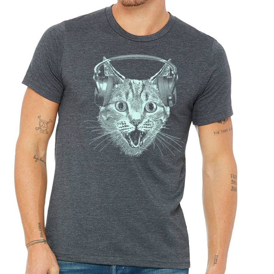 Cat Wearing Headphones Men's Tshirt- Cat DJ Shirt For Men an, photo 6 of 8