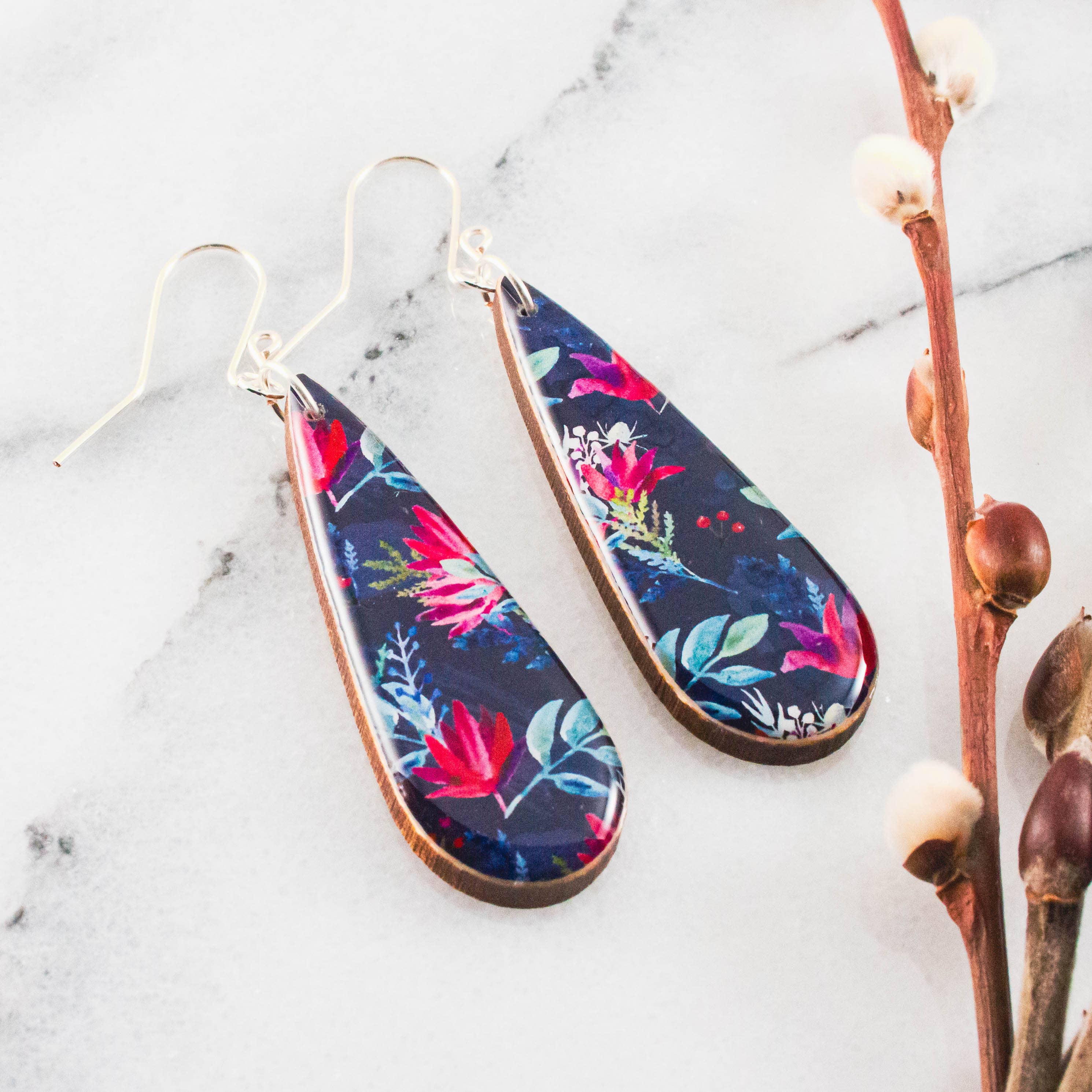 Teardrop Navy Watercolor Floral Earrings
