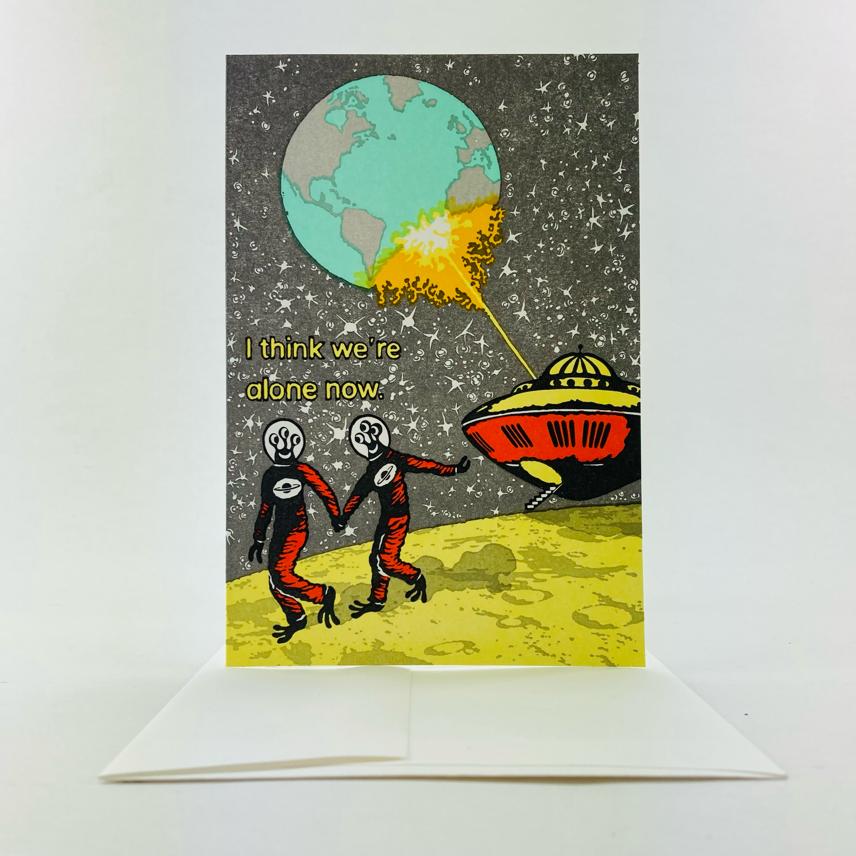 Aliens skipping hand in hand on the moon