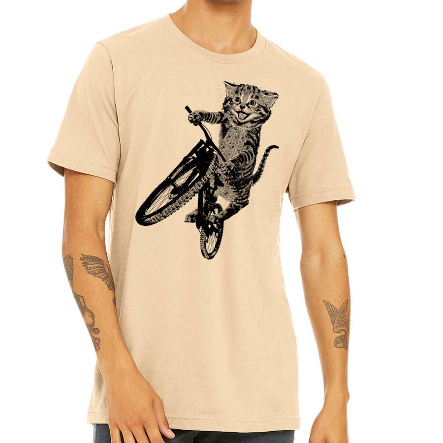 Cat Riding a Bicycle men's Tshirt- Kitten Wheelie Tee shirt-, photo 3 of 8