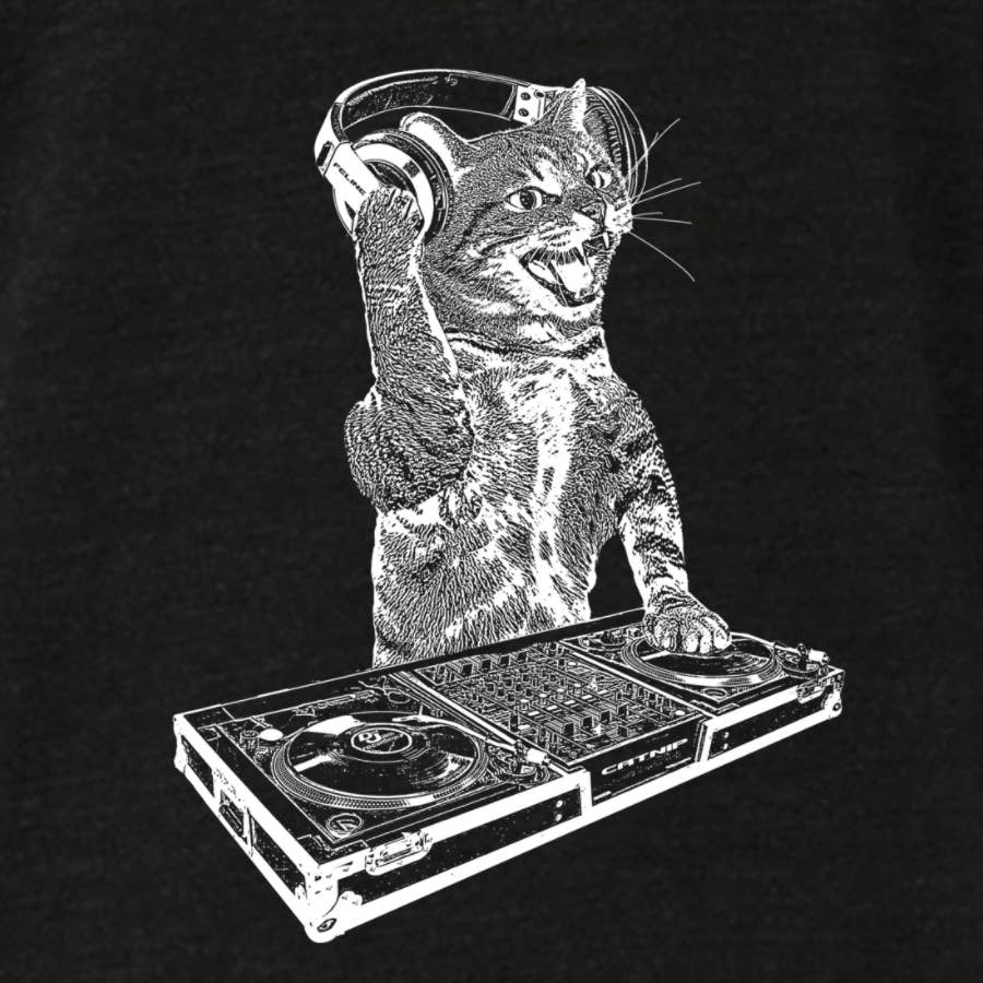 Cat DJ Tshirt, Men's Kitten Disc Jockey Design, Dance Party, photo 1 of 8