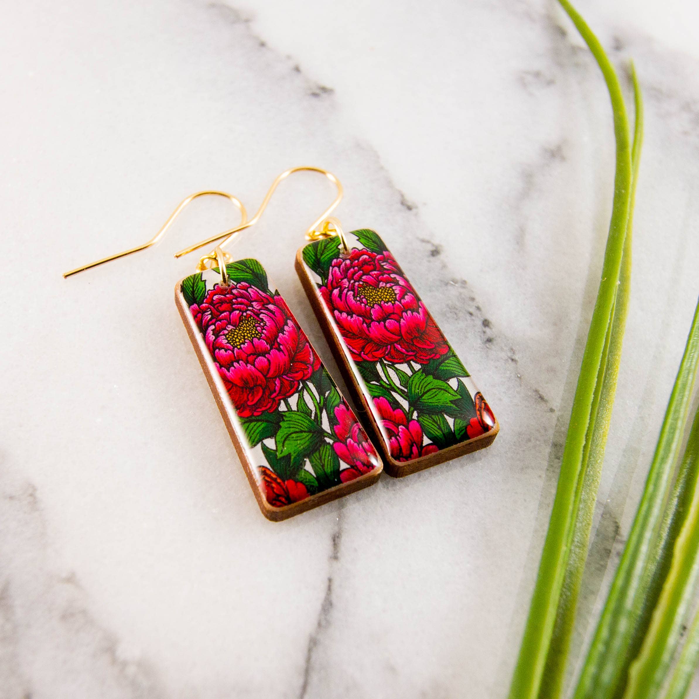 Japanese Bright Pink Peony Flower Tapered Rectangle Earrings, photo 1 of 2