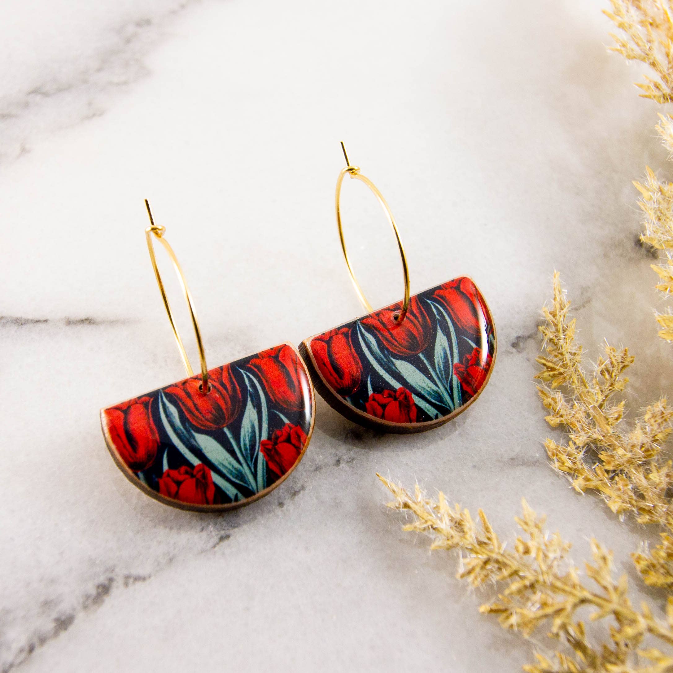 Vintage Red Tulip Drop Hoop Earrings, photo 1 of 2