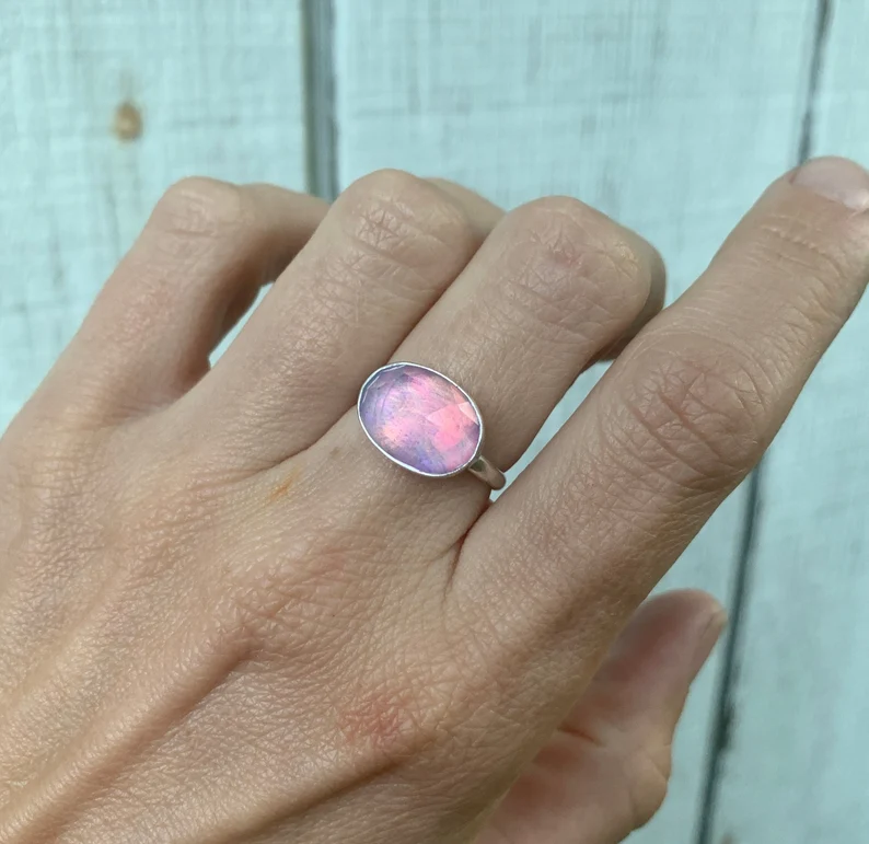 Horizontal Oval Bright Faceted Aurora Opal Doublet Ring